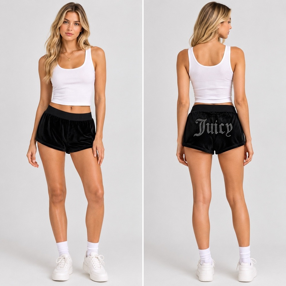Juicy Couture Black Velvet Rhinestone Logo Sleep‎ Shorts Women's XL